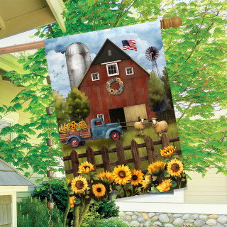 Sunflower Barn House Flag with red barn, blue truck, and sunflowers on a garden flag.