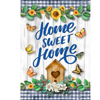 Country Home Sweet Home House Flag with butterflies, flowers, and birdhouse on white wood background.