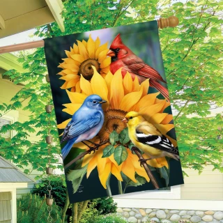 Birds in the Garden House Flag with sunflowers and colorful birds hanging on a house pole.