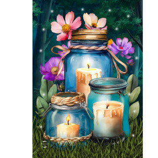 Be a Light Jars House Flag with candles and flowers design on a blue background.
