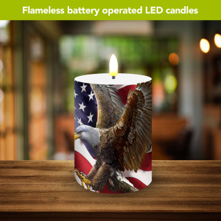 American Freedom Eagle Flameless Candle, LED, battery operated, with eagle on American flag design.