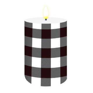 Black and white check flameless candle with yellow flame on a white background.