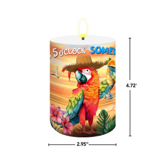 Sunset Parrot Flameless Candle, colorful parrot wearing sombrero on tropical beach with pink flowers.