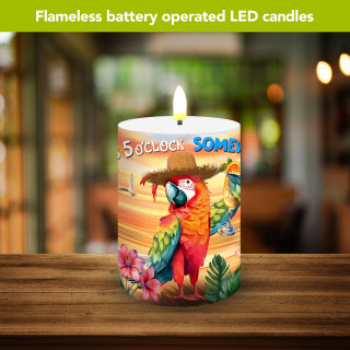 Sunset Parrot Flameless Candle with colorful parrot design, LED flame, on wooden surface, tropical pattern.