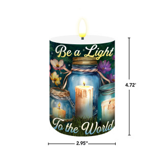 Be a Light Jars Flameless Candle, cylindrical, floral design, lit candles, inspirational quote, white background.