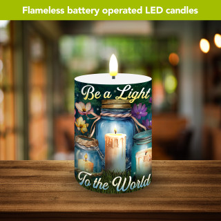 Be a Light Jars Flameless Candle, battery operated LED candle with colorful jar design and lit flame.