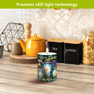 Be a Light Jars Flameless Candle, LED light technology, colorful design on a kitchen countertop display.