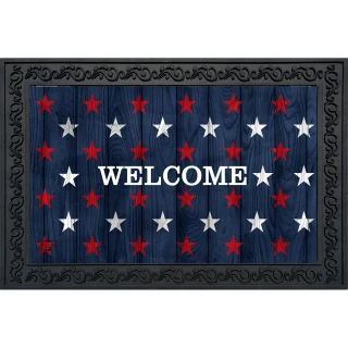 Wood American Flag Doormat with welcome text and red, white stars on blue wood grain background.