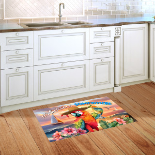 Sunset Parrot Doormat with colorful tropical design and pink flowers on wooden kitchen floor.