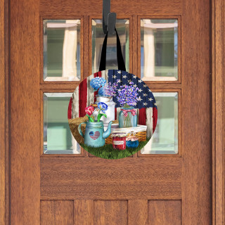 American Picnic Wood Door Hanger with patriotic design and picnic basket on a wooden door.