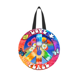 Vibrant Peace and Love Wood Door Hanger tote bag with tie-dye, flowers, butterflies, and peace sign.
