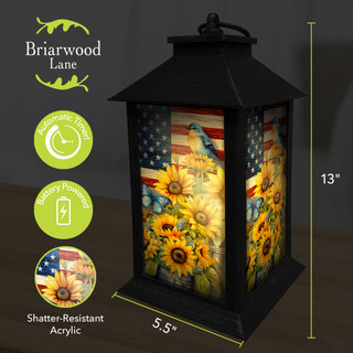 Briarwood Lane American Country Lantern with sunflowers, blue bird, American flag design, black, 13" tall.