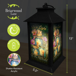 Briarwood Lane Be a Light Jars Lantern, black metal, shatter-resistant acrylic, lantern with floral design.