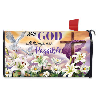 Sunrise Easter Cross Mailbox Cover with white lilies, doves, and purple cross on colorful background.