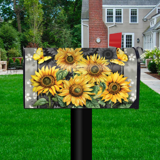 Elegant Sunflowers Mailbox Cover with vibrant yellow sunflowers and butterflies on a black mailbox outdoors.