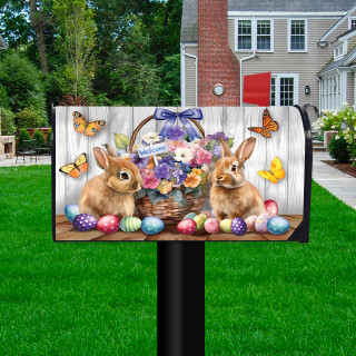 Welcome Bunny and Basket colorful Easter mailbox cover with bunnies, eggs, and butterflies design.