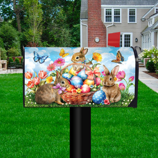 Springtime Bunnies Mailbox Cover with colorful Easter eggs, bunnies, flowers, and butterflies on a black mailbox.
