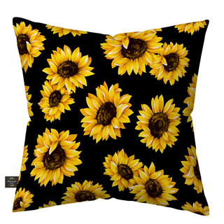 Sunflowers Indoor/Outdoor Pillow with bright yellow flowers on a black background, square decorative throw pillow.