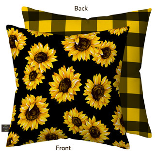 Sunflowers Indoor/Outdoor Pillow, yellow sunflowers on black background, yellow and brown checkered back.