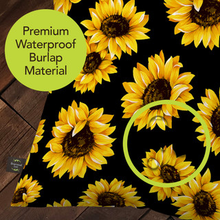 Sunflowers Indoor/Outdoor Pillow, waterproof burlap material, yellow sunflowers on black background, premium outdoor pillow cover.