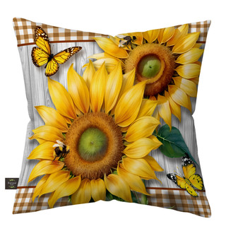 Sunflower Duo Indoor/Outdoor Pillow with yellow sunflowers, butterflies, and brown plaid accents on white background.