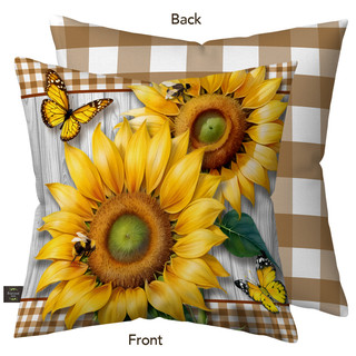 Sunflower Duo Indoor/Outdoor Pillow, brown checkered background, featuring large yellow sunflowers and butterflies design.