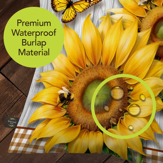 Sunflower Duo Indoor/Outdoor Pillow, yellow sunflower print on premium waterproof burlap material close-up.