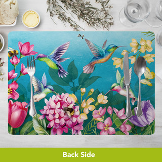 Sunflower Dance Placemat with colorful hummingbirds and flowers, 4-pack set, vibrant blue background.