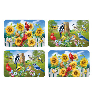 Four square placemats with colorful country birds design, sunflowers, and flowers on white background.