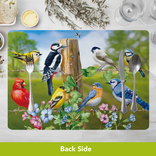 Country Birds Placemat set of 4 colorful birds flowers utensils on table setting.