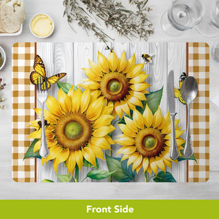 Elegant Sunflowers Placemat, yellow sunflowers with butterflies and bees on a brown checkered background, 4-pack.