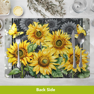 Elegant Sunflowers Placemat with yellow flowers, green leaves, butterflies, and silverware on a table setting.