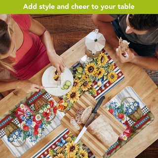 Red White and Beautiful Placemat set of 4 with floral design on a wooden table setting.