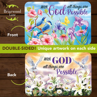 With God Placemat 4-pack, double-sided design with inspirational quotes and floral patterns on both sides.