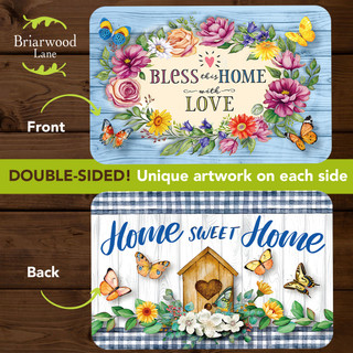 Bless This Home With Love Placemat double-sided design with floral and butterfly garden decor on each side.