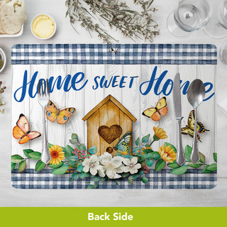 Bless This Home placemat set of 4 with butterflies, flowers, and home sweet home text.