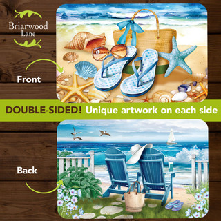 Welcome To the Beach Placemat set of 4 double-sided placemats with beach and seashell designs.
