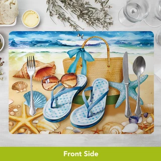 Welcome To the Beach Placemat, beach-themed placemat with flip flops and seashells design, 4-pack.