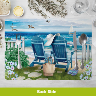Welcome To the Beach Placemat 4-pack with blue Adirondack chairs and beach scenery design.