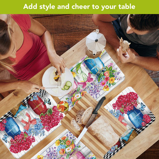Spring Floral Jars Placemat set of 4 colorful floral table mats with blue vase design.