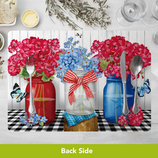 Spring Floral Jars Placemat, 4-pack, colorful floral design on black and white checkered background.