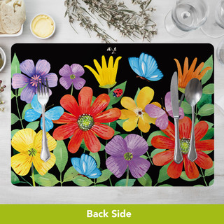 Spring Fling Placemat, colorful floral design with silverware on black background, four pack set.