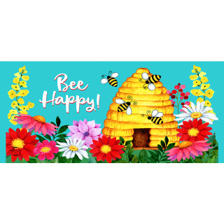 Bee Happy Hive Mini Mat with colorful flowers and bees on a blue background.