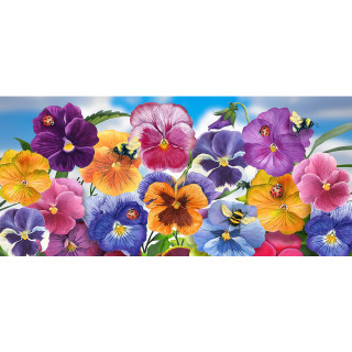 Vibrant Pansies Mini Mat with multicolored flowers including purple, pink, orange, and blue against blue sky.