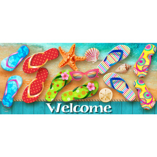 Surfside Flip Flops Mini Mat with colorful flip flops and seashells on a beach background.
