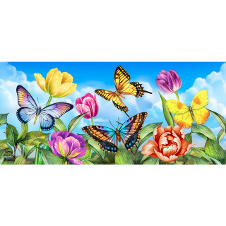 Butterflies and Tulips Mini Mat with colorful butterflies and tulips on a blue background with clouds.