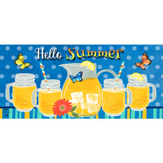Hello Summer Lemonade Mini Mat with mason jars, pitcher, butterflies, and flowers on blue background.