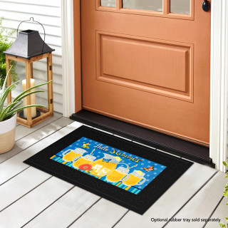 Hello Summer Lemonade Mini Mat with colorful lemonade glasses on a black background at front door.