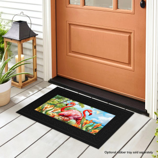 Black Flamingo Pair Mini Mat with pink flamingos and tropical design on a porch floor.