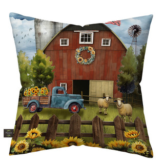 Sunflower Barn Indoor/Outdoor Pillow, red barn, blue truck, sunflowers, and sheep design, farm themed throw.